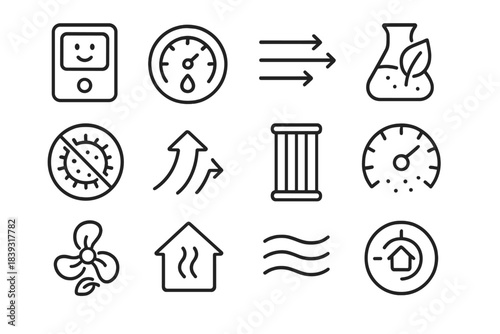 Home Air Quality Icons. Healthy Home Air Set linear set: clean-air monitor, balanced humidity dial, airflow refresh icon, safe scent symbol, allergen reduction badge, open-air path