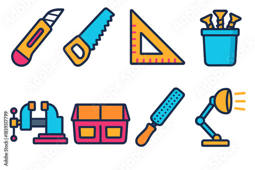 Colorful Makerspace Tools. Makerspace Tool Forms flat set: utility knife, mini saw, angle square, screw set cup, bench vise, parts bin, rasp file, worklight beam.