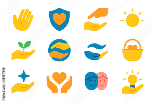 Colorful Care Icons. Care Icons flat set: open hand, heart shield, gentle touch, warm glow, nurturing palm, supportive circle, comfort wave, care basket, soothing spark, protective