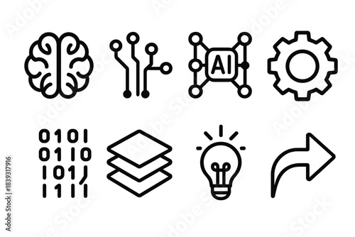 AI Tech Icon Set. Cognitive tech adaptation elements linear set: brain icon, circuit pattern, AI node cluster, gear wheel, data stream, layered screens, insight spark, adaptive