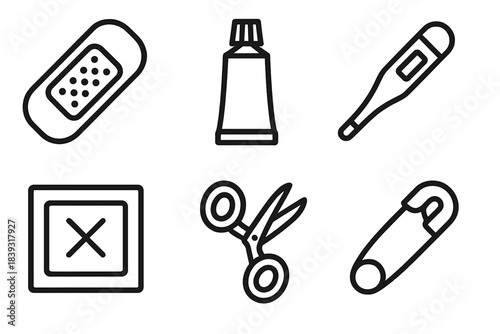 Minimalist Health Kit Icons. Basic Health Kit linear set: adhesive bandage, ointment tube, thermometer, sterile wipe, small scissors, safety pin.