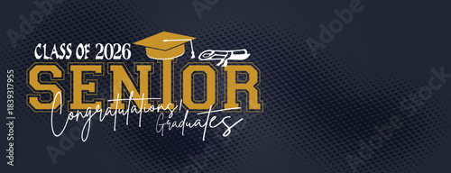 Dark Navy Senior Class of 2026 Graduation Banner with Gold Decorative Lettering