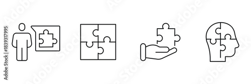 Puzzle thinking icon set, person idea bubble, jigsaw square, helping hand solution, human head pieces outline minimal vector illustration.