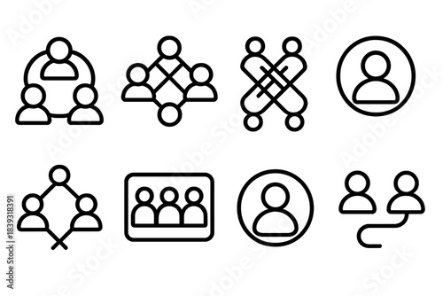 Networked Identity Icons. Networked Identity Forms linear set: linked persona chain, collaborative symbol, social fabric weave, digital presence halo, shared-interest cluster,