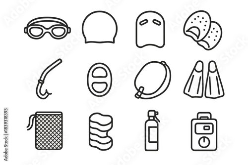 Swimming Gear Icons. Pool Swim Essentials linear set: anti-fog goggles, latex cap, junior kickboard, finger paddles, breathing snorkel, ankle band, tow float, lightweight fins,