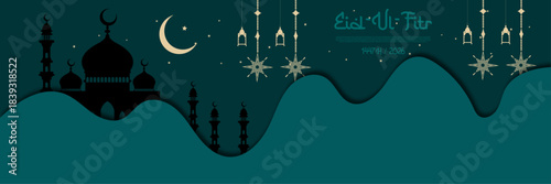 Eid Ul Fitr Greeting Banner with Mosque Silhouette and Abstract Layered Landscape