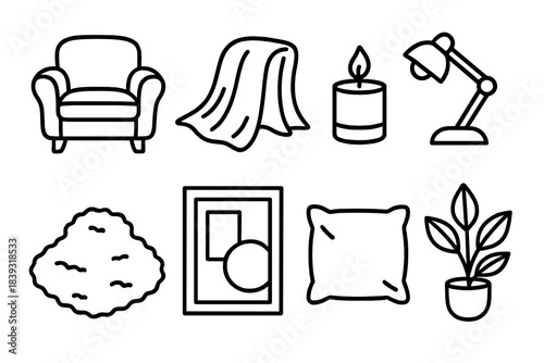 Cozy Home Icons. Home ambiance themes set linear set: cozy armchair, soft blanket, ambient candle, reading lamp, plush rug, wall art panel, warm-toned cushion, leafy décor.