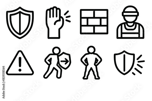 Defense Icons Collection. Physical Defense linear set: raised shield, blocking arm, sturdy wall, protective gear, caution line, defense arrow, strong stance, impact guard.