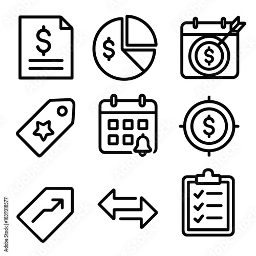 Annual Budget Icons. Personal Annual Budget linear set: income icon, spending categories, monthly tracker, savings goal, priority tag, bill reminder, cashflow arrow, review sheet.