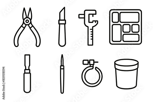 Precision Tool Icons. Precision Workshop Items linear set: micro plier, detail knife, small gauge, parts tray insert, tiny chisel, slim brush, mini clamp ring, storage cup.