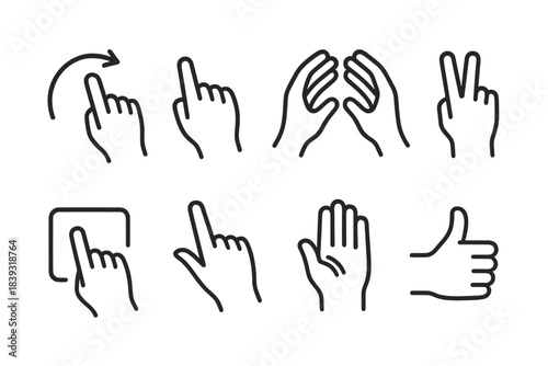 Educational Hand Gestures. Educational hand motions linear set: explain-with-hand arc, highlight tap, grouping gesture, spacing cue, form-shape motion, adjust-angle sign, attention