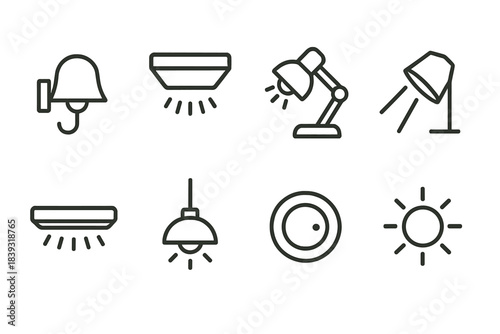 Lighting Icons Collection. Ambient & Task Lighting linear set: wall-mounted lamp, ceiling glow panel, reading lamp, accent beam, LED bar, pendant glow, brightness control knob,