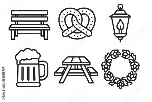 Beer Garden Icons. Beer Garden Scene linear set: wooden bench, pretzel, outdoor lantern, stein mug, picnic table, decorative hops wreath.