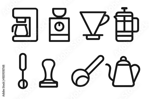 Coffee Gear Icons. Home coffee gear linear set: coffee brewer, grinder tile, pour-over cone, press filter, frother wand, tamper icon, scoop measure, kettle spout.