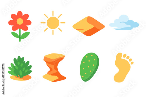 Arid Climate Icons. Arid climate transitions isometric flat set: early bloom flower, midday sunbeam, twilight dune line, seasonal cloud wisp, hardy bush, wind-carved rock, cactus