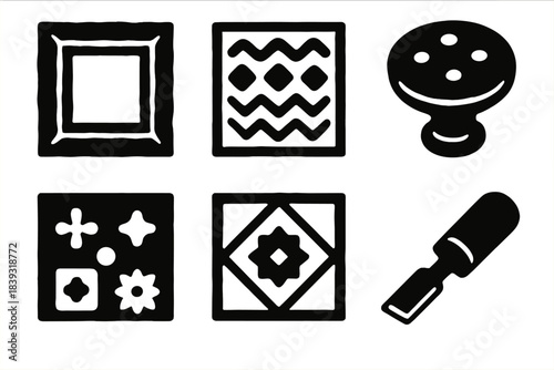 Crafted Home Icons. Crafted Home Details silhouette set: handmade frame, textile pattern, custom knob, stencil sheet, crafted tile, detail chisel.