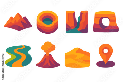 Colorful Terrain Icons. Uncharted world landscapes flat set: ridge tile, basin node, canyon bar, plateau arc, river path strip, volcanic vent icon, dune field tile, terrain marker.