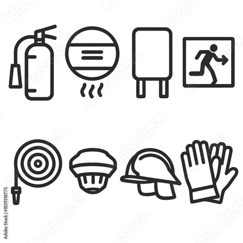 Fire Safety Icons. Fire Safety Equipment linear set: fire extinguisher, smoke detector, fire blanket, emergency exit sign, fire hose reel, heat alarm, protective helmet,