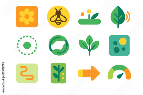 Insect-Plant Interaction Icons. Insect–Flora Interaction Systems flat set: nectar patch tile, pollinator node, pollen flow bar, chewing trace dot, defensive metabolite ring, signal