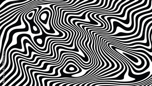 Mesmerizing black and white abstract pattern with warped stripes creating a psychedelic optical illusion