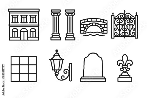 Historic City Icons. City Heritage Feature Set linear set: preserved façade, historic column pair, old bridge span, decorative gate, brick plaza tile, vintage lantern, heritage