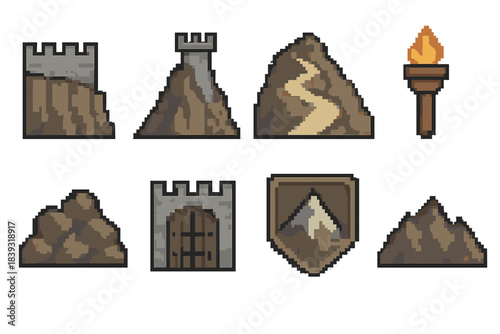 Mountain Fortress Icons. Mountain Fortress Symbols pixel style set: cliffside wall, lookout peak, winding path, torch beacon, rocky base, sturdy gate, mountain emblem, ridge line.