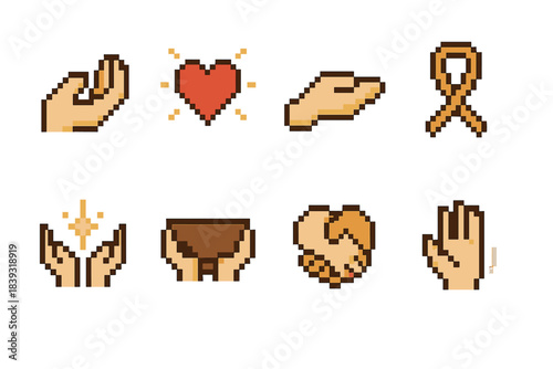 Caring Icon Set. Caring & Compassion Icons set of icons in flat pixel vector style: help-hand sign, glowing heart, offering gesture, unity ribbon, comfort spark, shared bowl,