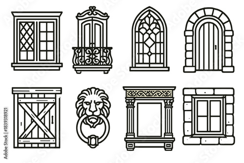 Historical Window Icons. Heritage Window & Door Set linear set: tudor casement, baroque balcony door, stained-glass window, romanesque archway, rustic barn door, ornate brass
