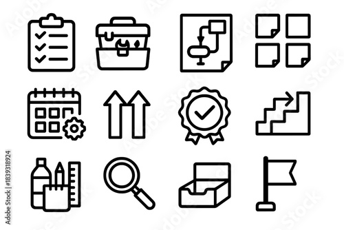 Preparation Icon Set. Preparation Icons linear set: checklist board, open toolbox, planning sheet, organized notes, calendar setup, prep arrows, readiness badge, step layout,