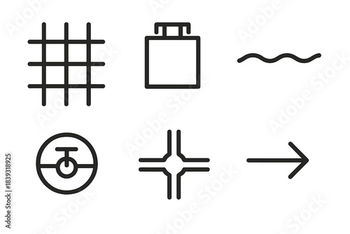 Utility Network Icons. Utility Network Elements linear set: grid schematic, transformer block, water route line, gas valve point, cable junction, system arrow.