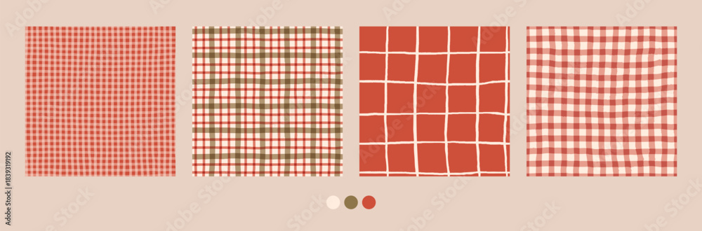 Fototapeta premium Christmas tartan seamless pattern set with cozy cottagecore aesthetic. Retro hand drawn charming cottage core gingham backgrounds collection. Vintage plaid pattern set, green and red wallpaper