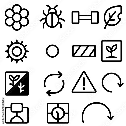 Plant-Insect Interaction Icons. Plant–Arthropod Exchange Patterns linear set: bloom tile, visiting insect node, pollen-exchange bar, herbivore nibble patch, plant-defense ring,