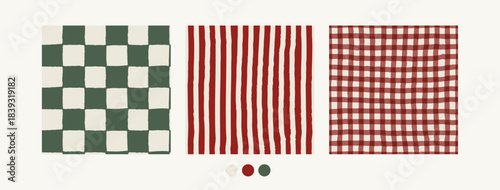 Christmas tartan seamless pattern set with cozy cottagecore aesthetic. Retro hand drawn charming cottage core gingham backgrounds collection. Vintage plaid pattern set, green and red wallpaper