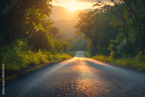 Serene Road Leading into Sunlit Landscape During Golden Hour