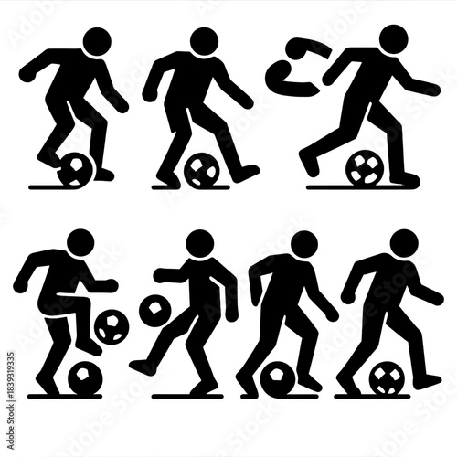 Ball Control Icons. Advanced Ball Manipulation Set silhouette set: quick feint, pull-back move, lateral drag, tight turn, lift touch, controlled juggle, pivot step, smooth