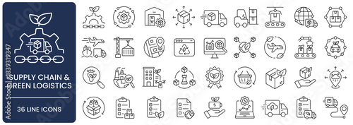 Sustainable Supply Chain and Green Logistics Line Icon Set, Editable Stroke. Collection of eco, delivery, shipping, transport, warehouse, recycling, packaging, carbon footprint, and energy symbols.