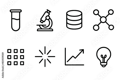 Scientific Discovery Icons. Scientific Discovery Symbols linear set: test tube, microscope, data cluster, molecule nodes, pattern grid, breakthrough spark, analysis arrow, clarity