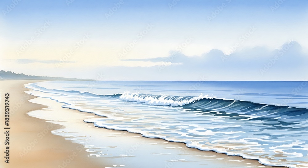Obraz premium Peaceful watercolor seascape of gentle waves on a sandy beach.