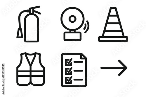 Safety Equipment Icons. Operational Safety Elements linear set: fire extinguisher, alarm bell, barrier cone, protective vest, safety checklist, clear path arrow.