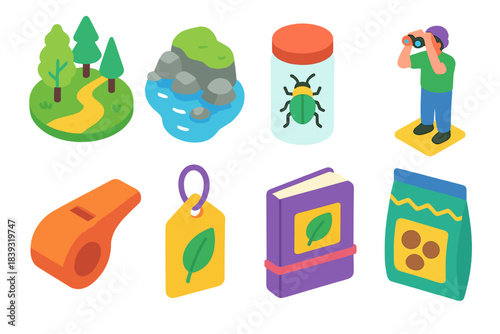 Outdoor Exploration Icons. Open-Air Exploration isometric flat set: woodland path, rocky shore explore, insect observation jar, canopy watcher, trail whistle, plant ID tag, field