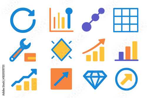 Continuous Improvement Icons. Continuous Improvement flat set: cycle arrow, refinement bar, evolving dots, structured grid, adjustment wrench, clarity diamond, progress chart,