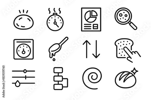 Baking Process Icons. Baking Recipe Development Icons linear set: dough test ball, rising timer, flour ratios chart, crumb structure lens, oven temp gauge, batter spoon, adjustment