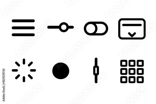 UI Element Outlines. User Interface Essentials Set linear set: menu panel, slider bar, toggle switch, dropdown list, progress spinner, notification dot, scrollbar grip, layout grid