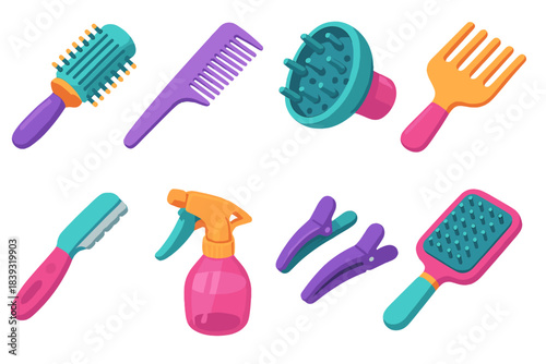 Stylish Salon Tools. Salon hair instruments flat isometric set: blowout brush, texturizing comb, diffuser attachment, styling pick, hair razor, misting spray, clamp clips,