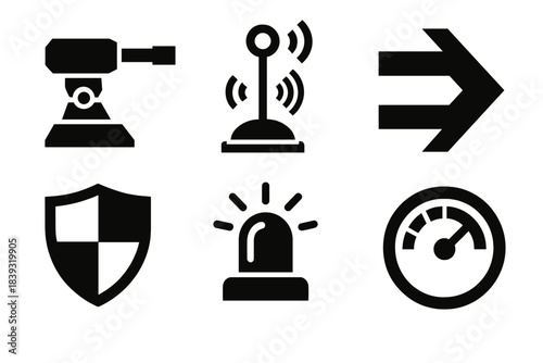Autonomous Defense Icons. Autonomous Defense Mechanisms silhouette set: automated turret, sensor array icon, threat detection arrow, protective shield tile, alert signal ring,