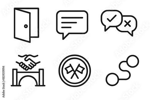 Transparent Communication Icons. Transparent Workplace Talk linear set: open door icon, message clarity symbol, feedback loop, trust bridge, shared goals badge, connection path.