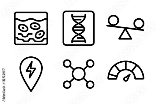 Regenerative Systems Icons. Regenerative Aging Systems linear set: tissue maintenance icon, genetic stability tile, homeostasis balance arrow, cellular turnover node, damage