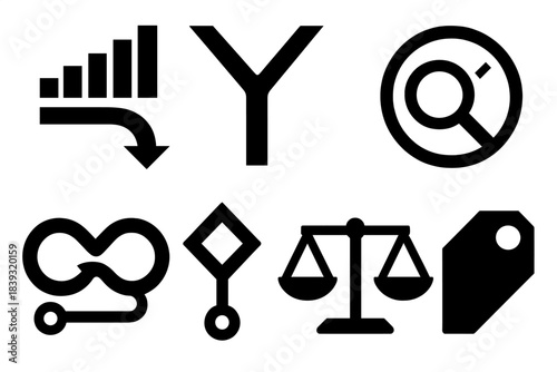 Brutalist Icon Set. Surplus challenge motifs silhouette set: excess stream bar, priority fork tile, clarity lens, saturation gauge, tradeoff loop, selection node, balance marker,