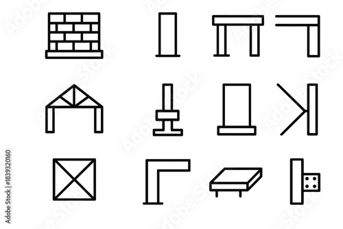Structural Design Icons. Structural Design Elements linear set: load-bearing wall, column post, beam span, truss frame, foundation footing, shear wall, bracing rod, cantilever edge