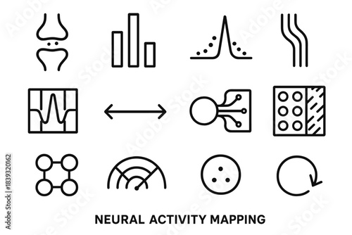 Neural Mapping Icons. Neural Activity Mapping linear set: synapse tile, action-potential bar, neural spike dot, dendritic flow stripe, waveform signal patch, axon route arrow,
